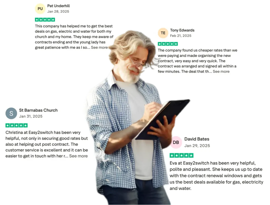 Older man with reviews around him